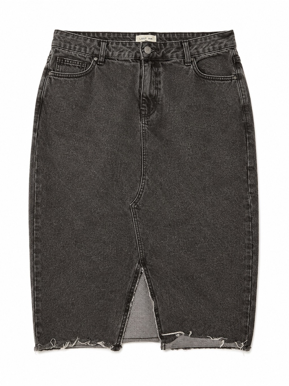 LOST INK BLACK DENIM RAW HEM SKIRT